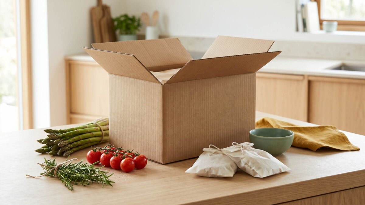 Geöffnete Kochbox auf der Küchentheke mit frischen Zutaten ringsum