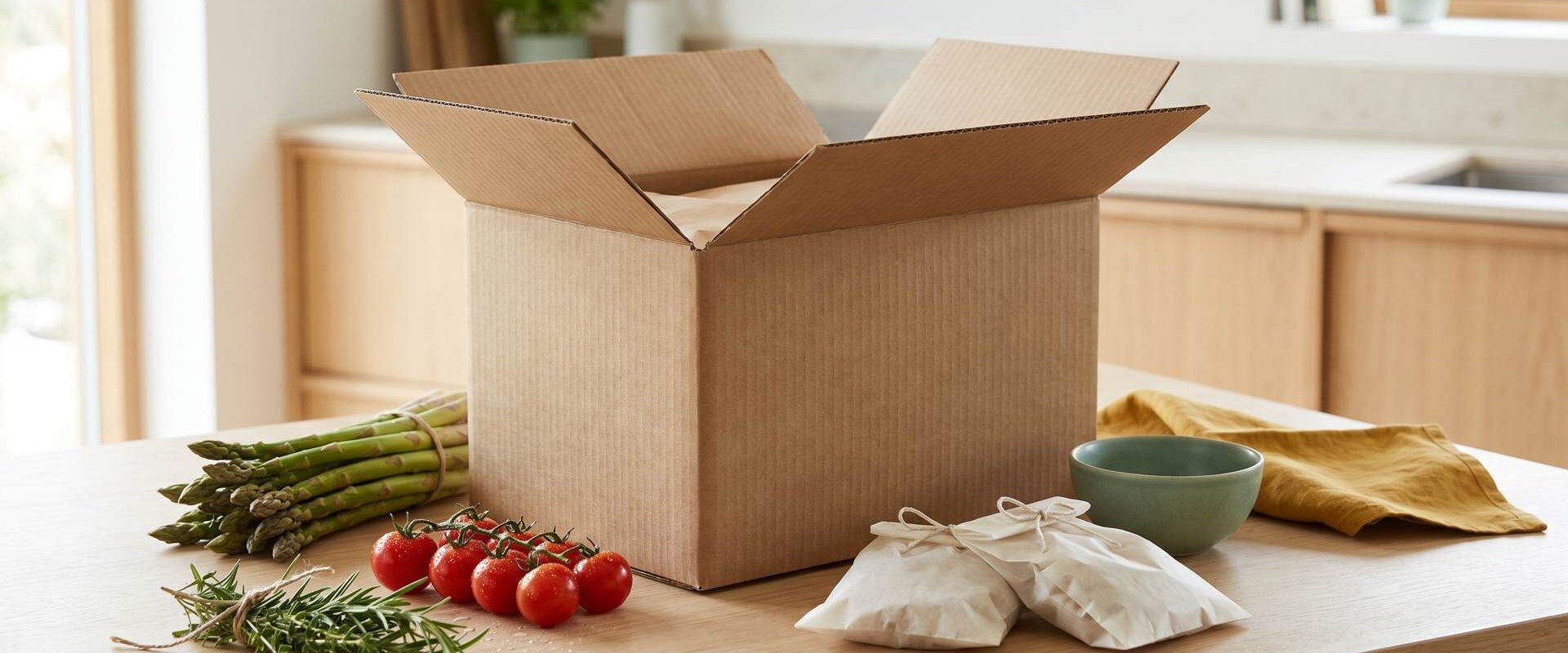 Geöffnete Kochbox auf der Küchentheke mit frischen Zutaten ringsum