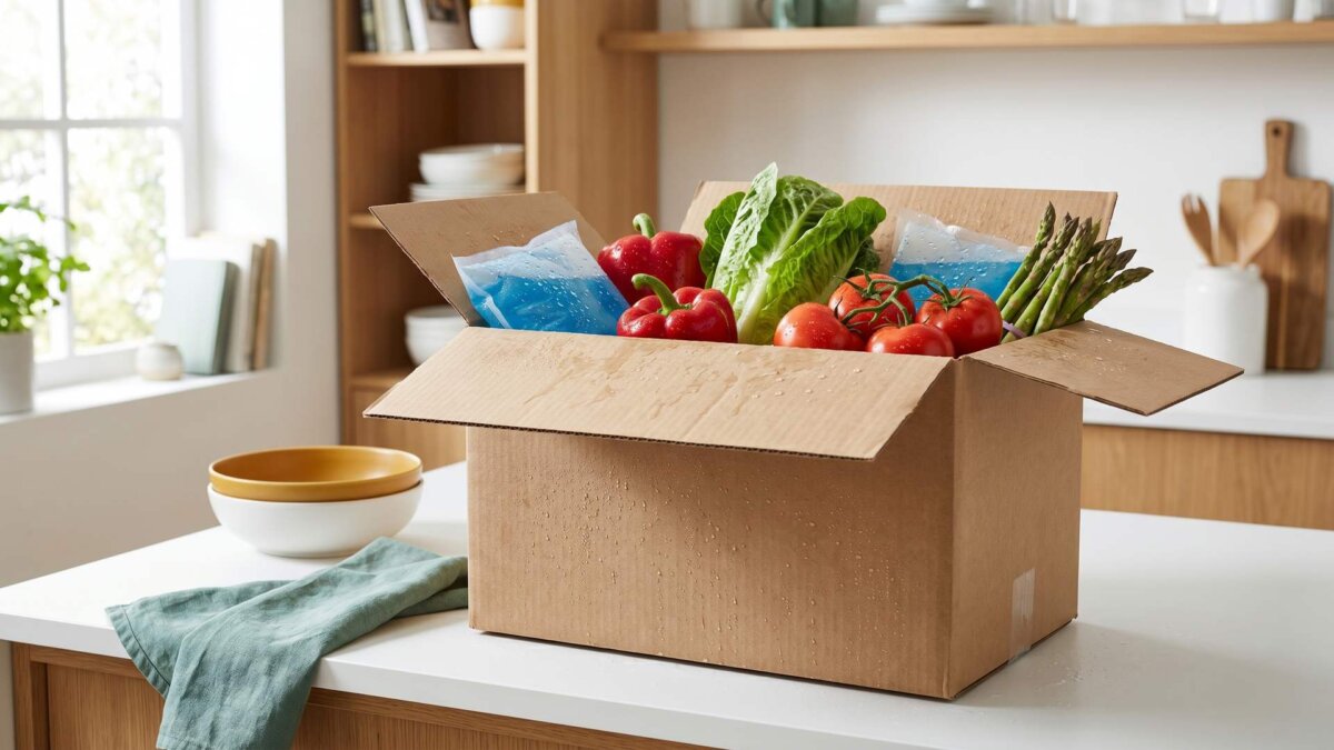 Kochbox mit Kühlakkus und frischem Gemüse, gekühlte Sommerlieferung