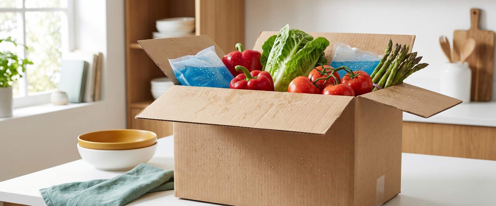 Kochbox mit Kühlakkus und frischem Gemüse, gekühlte Sommerlieferung
