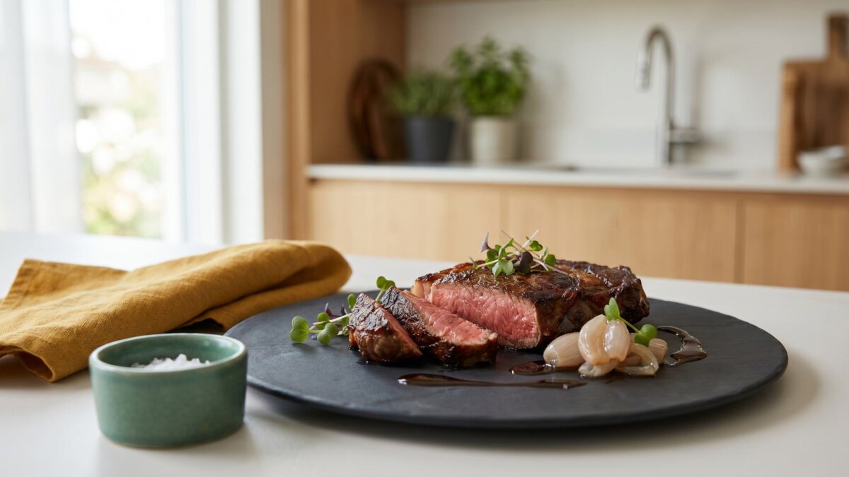 Edel angerichtetes Premium-Gericht mit gebratenem Steak auf Schieferplatte