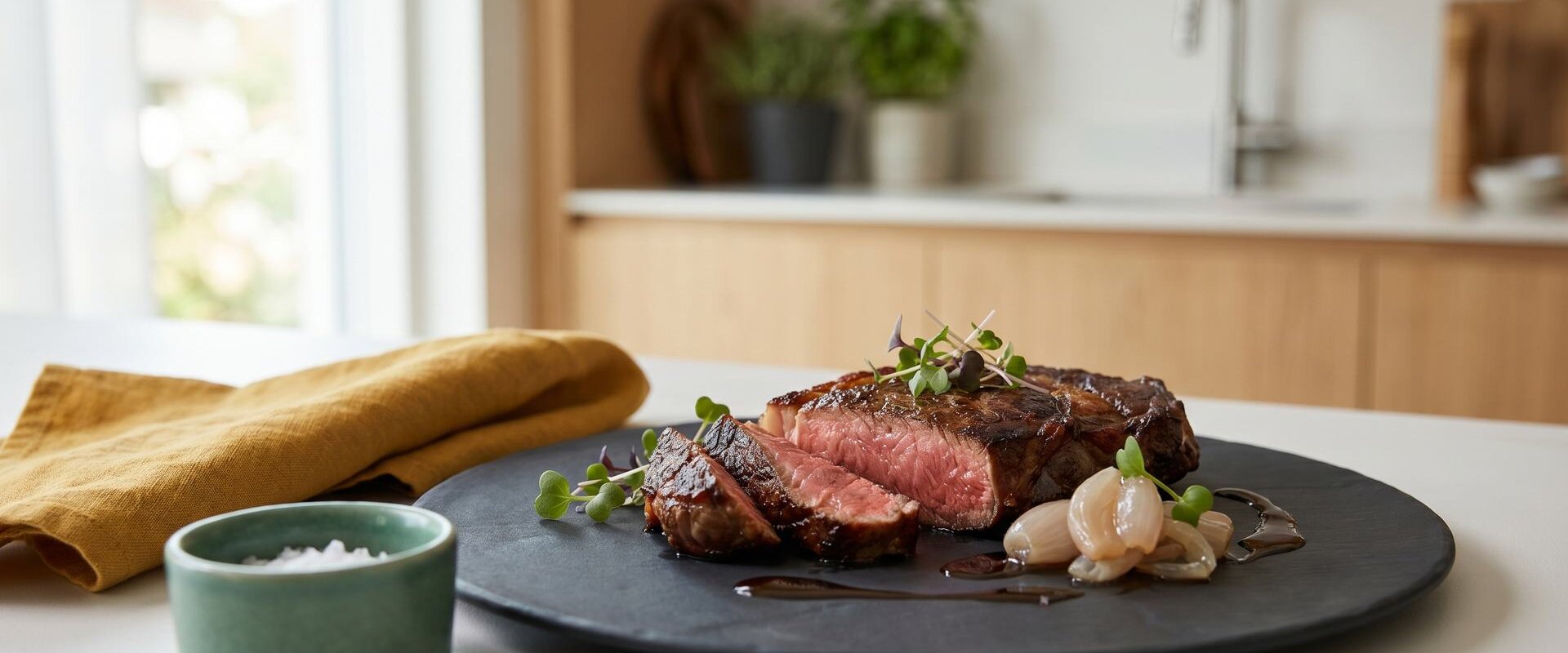 Edel angerichtetes Premium-Gericht mit gebratenem Steak auf Schieferplatte