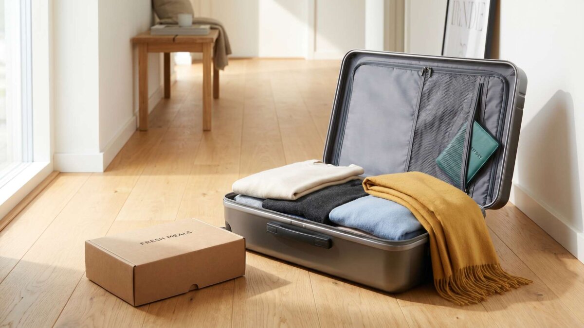 Gepackter Koffer neben einer Kochbox im Flur, Pause während des Urlaubs