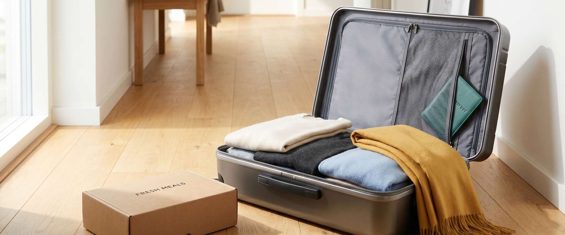 Gepackter Koffer neben einer Kochbox im Flur, Pause während des Urlaubs