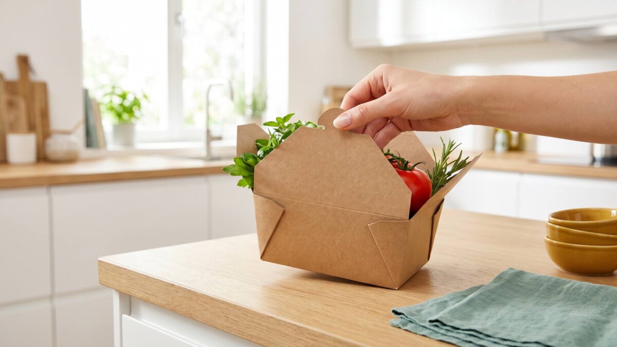 Hand greift eine einzelne Kochbox, Bestellung ohne Abo