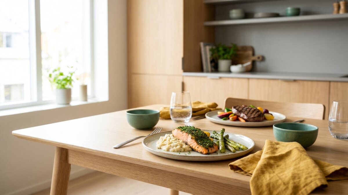 Zwei angerichtete Teller für ein Paar, Kochen für zwei Personen