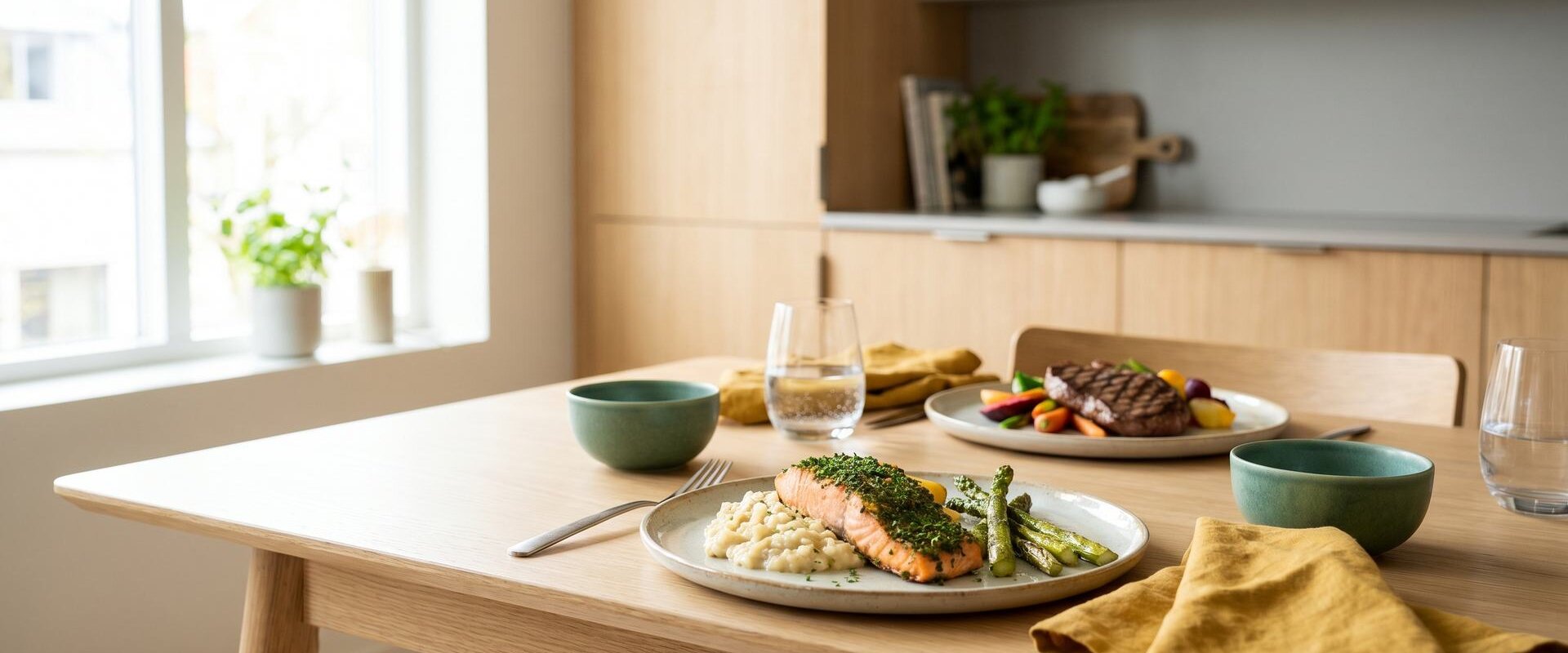 Zwei angerichtete Teller für ein Paar, Kochen für zwei Personen