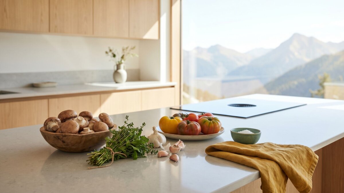 Helle Küche mit Bergblick, frische Zutaten auf der Arbeitsfläche