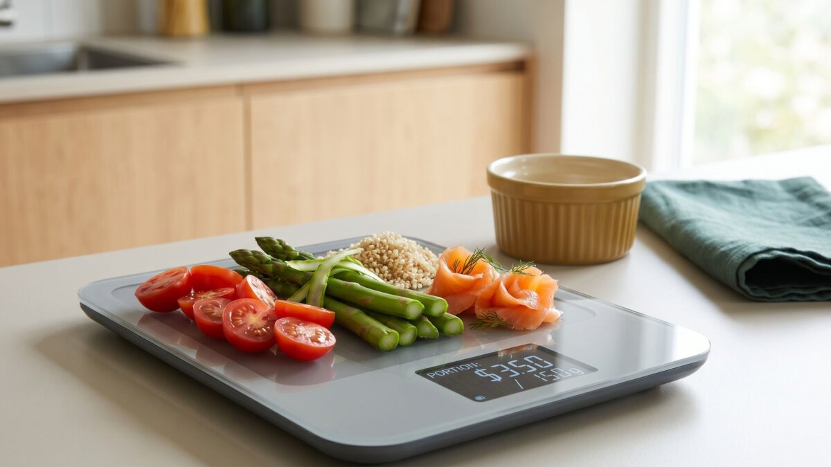 Frische Zutaten portioniert auf einer Küchenwaage, Kosten pro Portion