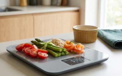 Frische Zutaten portioniert auf einer Küchenwaage, Kosten pro Portion