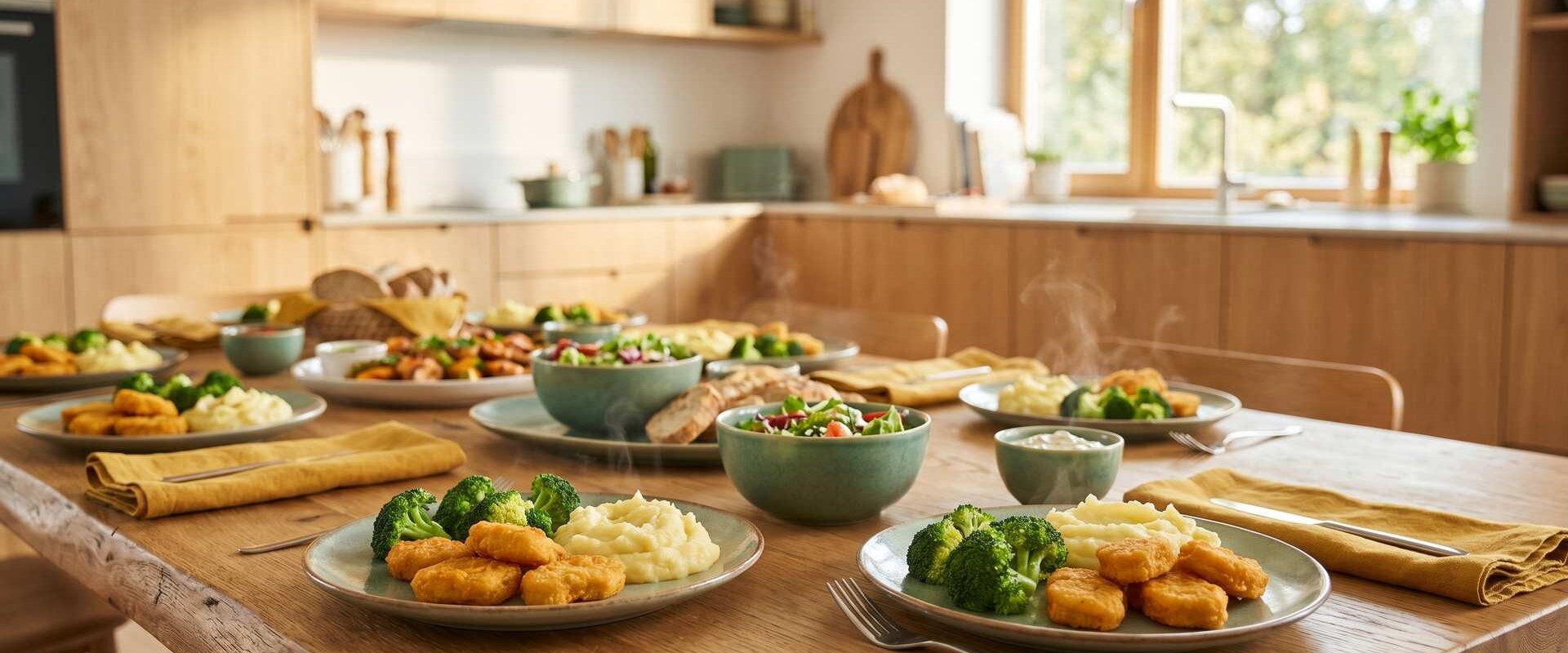 Großes Familienessen auf dem Esstisch mit mehreren Tellern