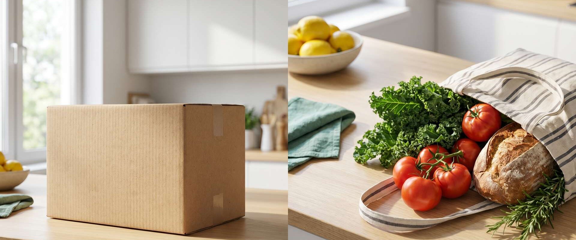 Kochbox gegenüber gefüllter Supermarkt-Einkaufstüte im Vergleich