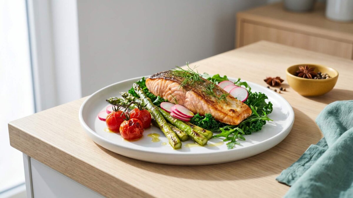 Low-Carb-Teller mit gegrilltem Protein und frischem Gemüse
