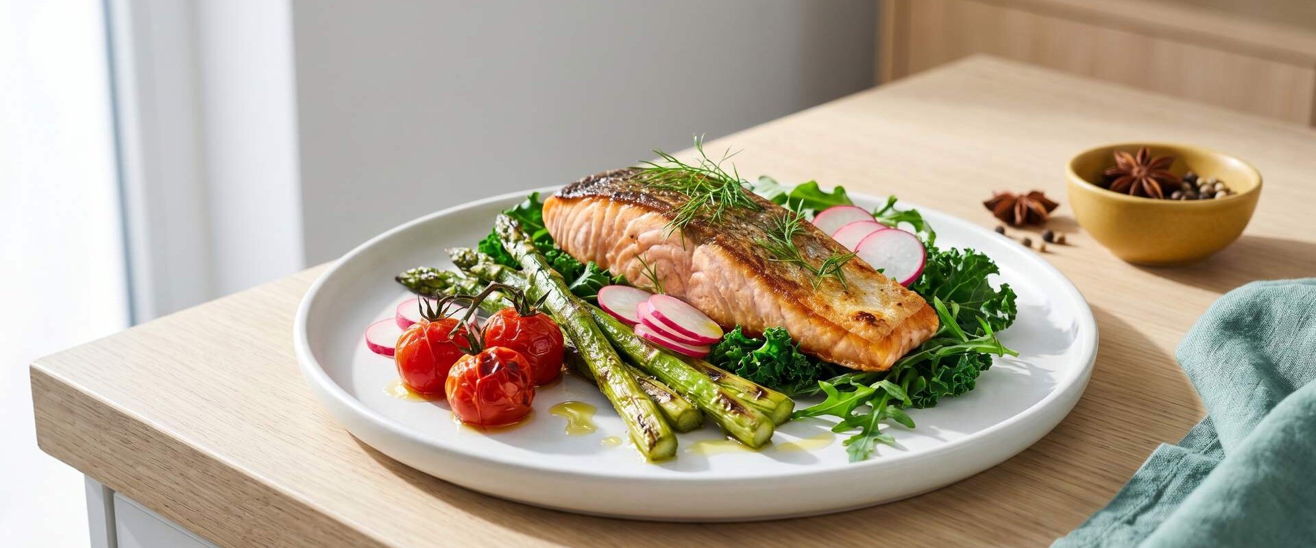 Low-Carb-Teller mit gegrilltem Protein und frischem Gemüse