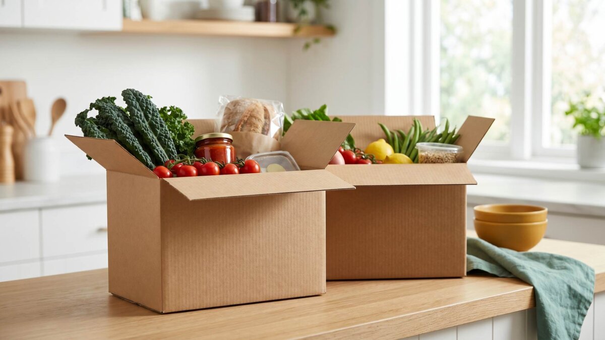Zwei neutrale Kochbox-Kartons nebeneinander im Vergleich