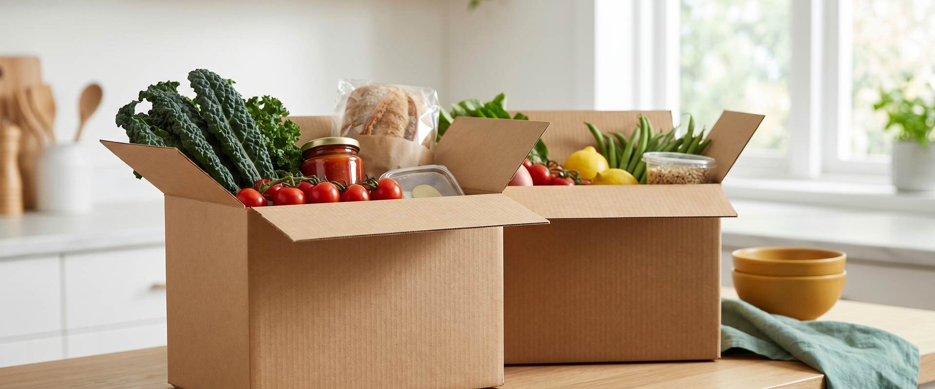 Zwei neutrale Kochbox-Kartons nebeneinander im Vergleich