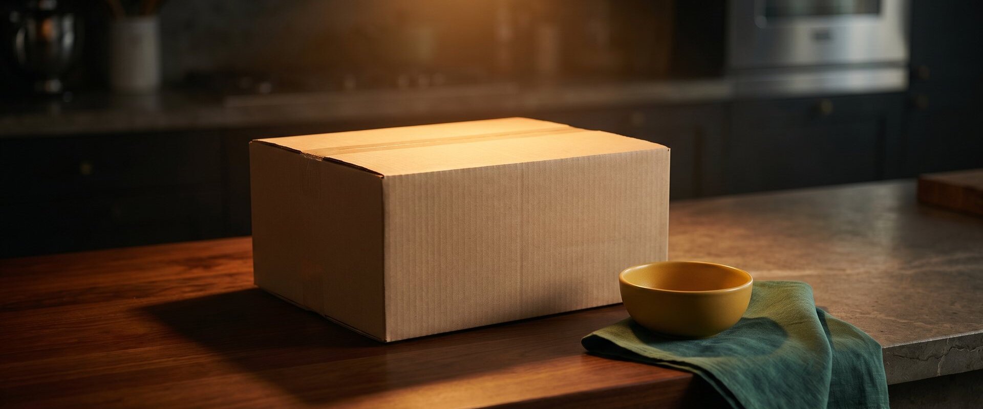 Einzelne angestrahlte Kochbox in dunkler Küche, Aktionsstimmung