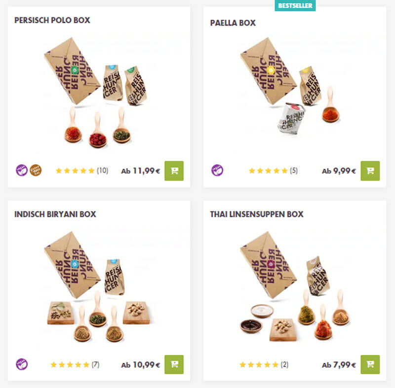 Bildschirm mit vier rezeptboxen von Reishunger mit Inhalten und Zutaten