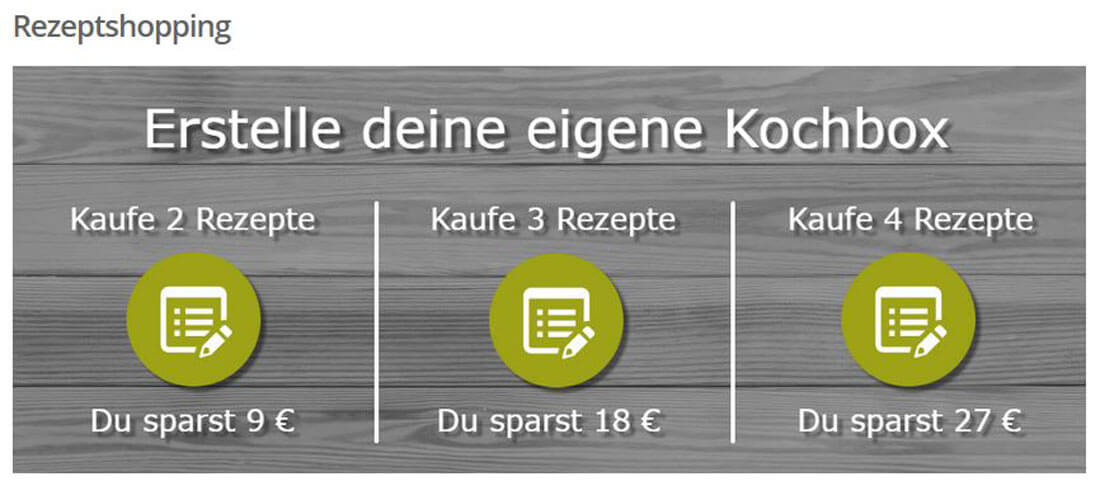 Drei Rezeptboxen von Tischline mit den jeweiligen Rabatten der Kochbox des Anbieters Tischline